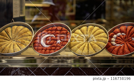 Turkish baklava dessert, in form of Turkish national flag, Bakery Showcase closeup 116738196