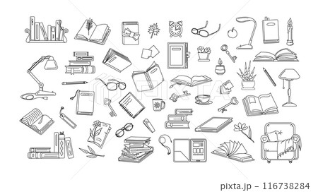 Objects on reading topic, black and white 116738284