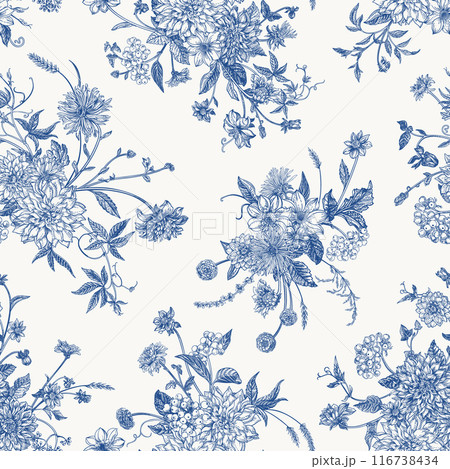 Seamless floral pattern in blue with bouquets of flowers. Vector botanical illustration. Seamless floral pattern in blue with bouquets of flowers. Vector botanical illustration. 116738434