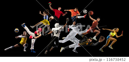 Creative set, collage with different athletes, man and woman practicing various spot isolated on black background. 116738452