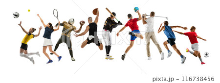 Back view collage. Male and female athletes of different sports in uniform in motion, competing for the victory with focus and motivation, playing isolated in white background. Back view collage. Male and female athletes of different sports in uniform in motion, competing for the victory with focus and motivation, playing isolated in white background. 116738456