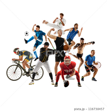 Collage with multiple male athletes of different sports showing skills and determination, in motion isolated on white background. Collage with multiple male athletes of different sports showing skills and determination, in motion isolated on white background. 116738457