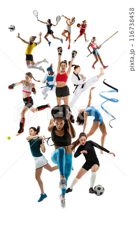 Vertical creative collage with multiple female athletes of various sports, men and women in motion isolate don white background. Victory. Vertical creative collage with multiple female athletes of various sports, men and women in motion isolate don white background. Victory. 116738458
