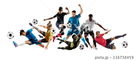 Dynamic collage depicting men and women, soccer players in motion, playing with determination and focus isolated on white background. Dynamic collage depicting men and women, soccer players in motion, playing with determination and focus isolated on white background. 116738459