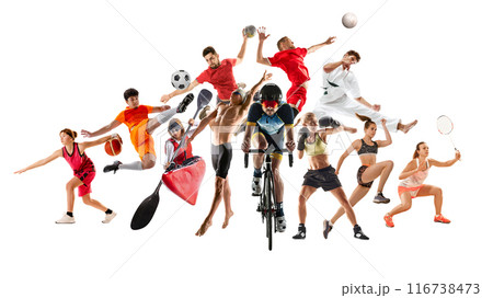 Creative set, collage with different athletes, men and women practicing various sport isolated on white background. Creative dynamic scene of sport spirit. 116738473