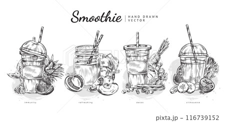 Hand-drawn smoothie cups themed set vector illustration Hand-drawn smoothie cups themed set vector illustration 116739152