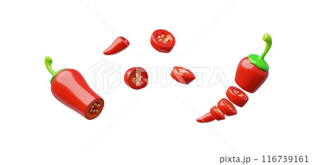 Red hot chili pepper pod chopped 3D vector icons set, ripe spicy vegetable slices, organic condiment ingredient, cayenne 116739161