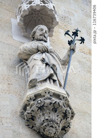 Statue of Saint Joseph on the portal of the cathedral dedicated to the Assumption of Mary in Zagreb Statue of Saint Joseph on the portal of the cathedral dedicated to the Assumption of Mary in Zagreb 116739406