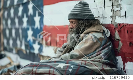 Homeless man wrapped in blanket sits against weathered wall with American flag design. His eyes closed, and his face shows signs of hardship. 116739430