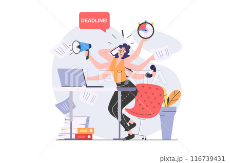 Multitasking concept in modern flat design for web. Woman employee doing paperwork and trying hurry to time, getting many tasks, making processes organization with hour timeline. Vector illustration. 116739431