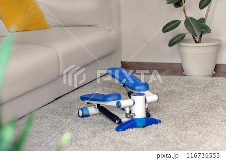Home fitness trainer stepper. Jam with sports at home in the interior, on the carpet. For weight loss and a beautiful figure 116739553