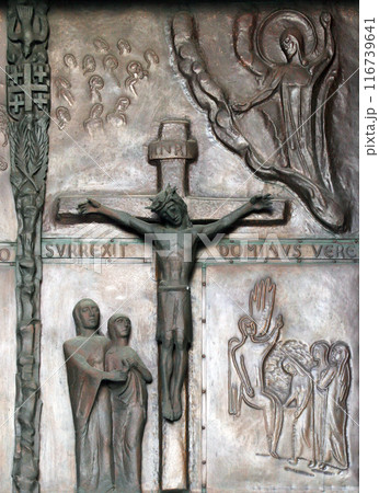 Crucifixion, detail of the giant bronze door in the Basilica of the Annunciation, Nazareth, Israel Crucifixion, detail of the giant bronze door in the Basilica of the Annunciation, Nazareth, Israel 116739641