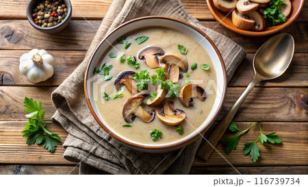 Creamy Mushroom Soup with Fresh Herbs. Top view. Creamy Mushroom Soup with Fresh Herbs. Top view. 116739734