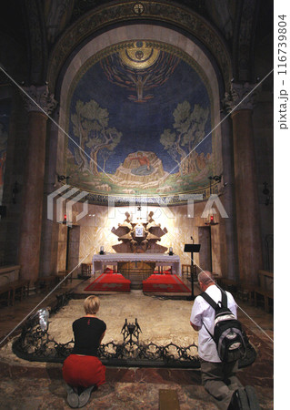 Pilgrims praying in the Basilica of Agony or Church of All Nations in the Garden of Gethsemane, Jerusalem, Israel 116739804