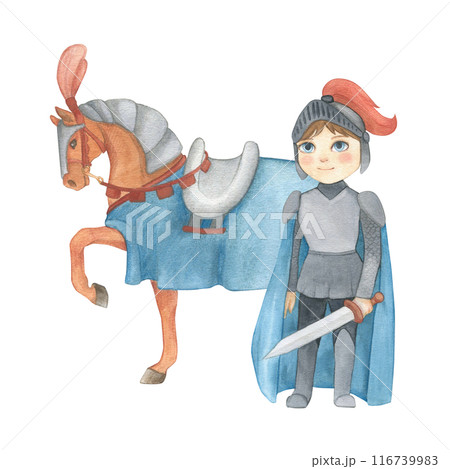 Watercolor illustration of a fantasy prince in blue and gray armor with sword and knight horse. Medieval illustration isolated. Hand drawn, sketch. For children's room decor, poster, invitation Watercolor illustration of a fantasy prince in blue and gray armor with sword and knight horse. Medieval illustration isolated. Hand drawn, sketch. For children's room decor, poster, invitation 116739983