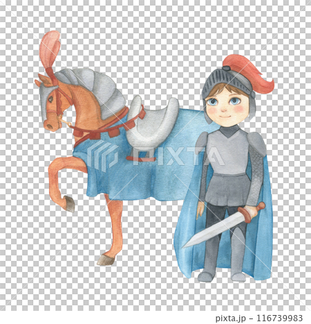 Watercolor illustration of a fantasy prince in blue and gray armor with sword and knight horse. Medieval illustration isolated. Hand drawn, sketch. For children's room decor, poster, invitation Watercolor illustration of a fantasy prince in blue and gray armor with sword and knight horse. Medieval illustration isolated. Hand drawn, sketch. For children's room decor, poster, invitation 116739983