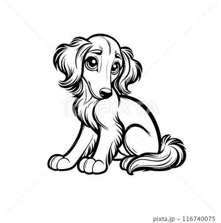 Adorable long-haired dog sitting with a sweet, endearing expression. Perfect for coloring books, nursery decor, greeting cards, educational materials. Black and white line art. Vector illustration 116740075