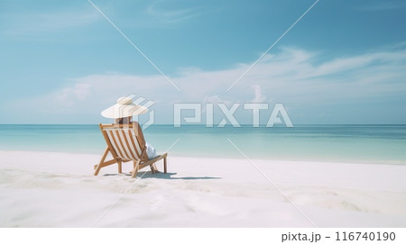 Woman relaxing on tropical beach against paradise ocean. Summer seascape with palm leaves. Generative AI Woman relaxing on tropical beach against paradise ocean. Summer seascape with palm leaves. Generative AI 116740190