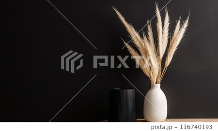 Vase with decorative plant branch against black wall background. Minimalist interior mockup. Generative AI 116740193