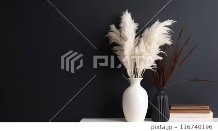 Vase with decorative plant branch against black wall background. Minimalist interior mockup. Generative AI 116740196