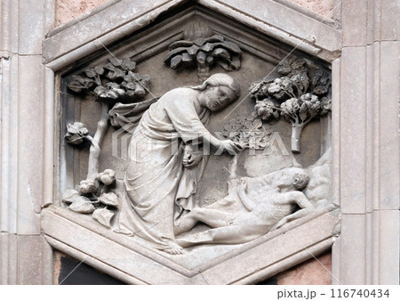Creation of Adam, Andrea Pisano, 1334-36., Relief on Giotto Campanile of Cattedrale di Santa Maria del Fiore (Cathedral of Saint Mary of the Flower), Florence, Italy Creation of Adam, Andrea Pisano, 1334-36., Relief on Giotto Campanile of Cattedrale di Santa Maria del Fiore (Cathedral of Saint Mary of the Flower), Florence, Italy 116740434