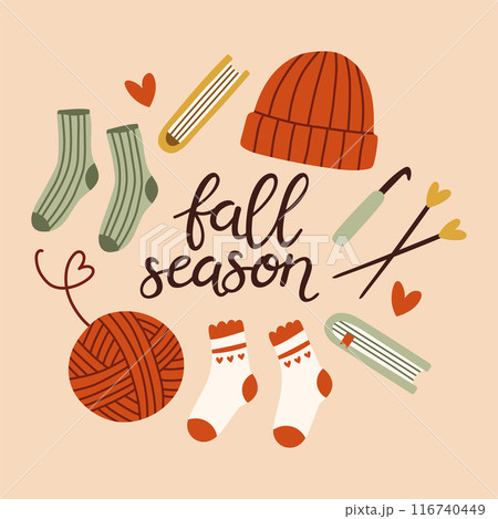 Autumn hand drawn lettering fall season. Fall season handwritten slogan. Autumn phrase with cute cozy design elements 116740449