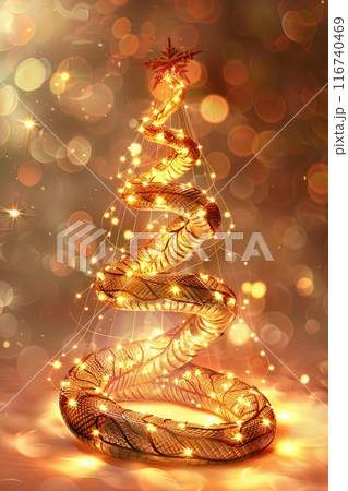 Snake Entwined in Festive Christmas Tree with Twinkling Lights 116740469