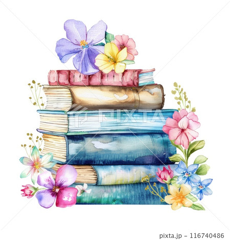 Stack of Books with Floral Background in Watercolor Art Stack of Books with Floral Background in Watercolor Art 116740486