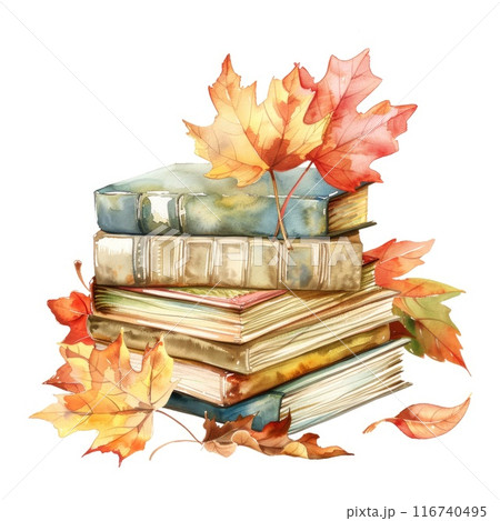 Watercolor Autumn Books with Colorful Leaves and Acorns 116740495