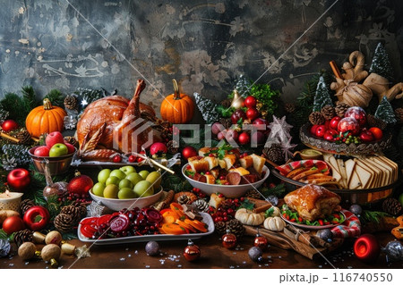 Festive Holiday Feast with Fruits, Pastries, Candles, and Evergreens 116740550