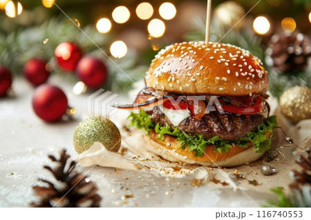 Festive Christmas Burger with Holiday Twinkling Lights and Holiday Decorations 116740553