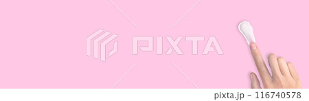 A woman's hand smears white cream. Swatch of white moisturizer. Cream texture, copy space pink background horizontal 116740578