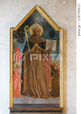 Saint Bonaventure between two angels, work by Domenico di Michelino, Basilica di Santa Croce (Basilica of the Holy Cross) - famous Franciscan church in Florence, Italy Saint Bonaventure between two angels, work by Domenico di Michelino, Basilica di Santa Croce (Basilica of the Holy Cross) - famous Franciscan church in Florence, Italy 116740617