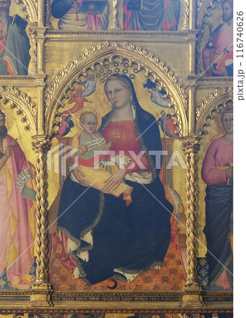 Madonna and Child (1379), by Giovanni del Biondo, Rinuccini altarpiece, Basilica di Santa Croce (Basilica of the Holy Cross) - famous Franciscan church in Florence, Italy Madonna and Child (1379), by Giovanni del Biondo, Rinuccini altarpiece, Basilica di Santa Croce (Basilica of the Holy Cross) - famous Franciscan church in Florence, Italy 116740626