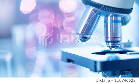 Close-up of a binocular microscope in a laboratory setting. Science education, laboratory equipment, research 116740628