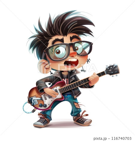 Energetic Cartoon Rockstar Playing Electric Guitar with Passion and Enthusiasm Energetic Cartoon Rockstar Playing Electric Guitar with Passion and Enthusiasm 116740703