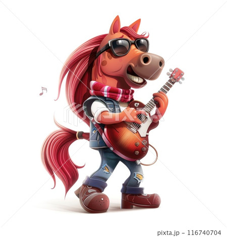 Cool Cartoon Horse Playing Electric Guitar with Sunglasses and Denim Outfit Cool Cartoon Horse Playing Electric Guitar with Sunglasses and Denim Outfit 116740704
