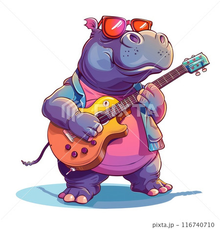 Rockstar Rhino Playing Electric Guitar Cartoon Illustration with Punk Outfit Rockstar Rhino Playing Electric Guitar Cartoon Illustration with Punk Outfit 116740710