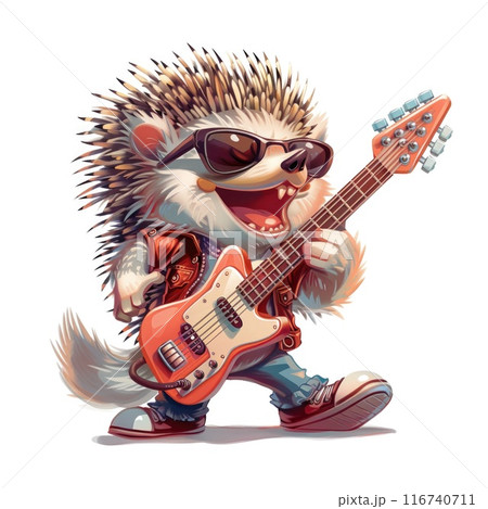 Cool Rocking Hedgehog Playing Electric Guitar with Sunglasses and Spiked Hair 116740711