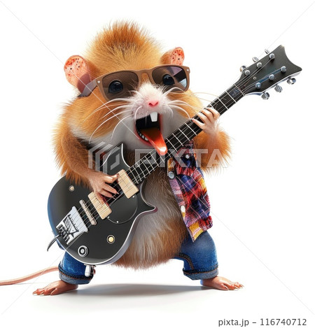 Cute Hamster Rock Star Playing Electric Guitar with Sunglasses and Rocker Outfit Cute Hamster Rock Star Playing Electric Guitar with Sunglasses and Rocker Outfit 116740712