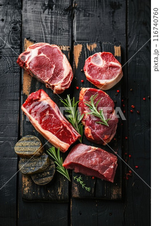 Assorted Raw Beef Steaks on Rustic Wooden Table - Premium Cuts of Fresh Meat 116740760