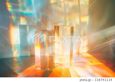 Sunlight Through Sheer Curtains Creating Rainbow Light Effects on Window 116741114
