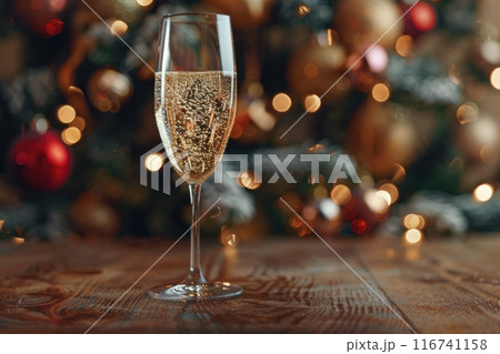 Festive Champagne Glass with Holiday Decor and Bokeh Lights in Background 116741158