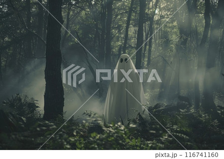 Mystical Figure Cloaked in Ethereal Light Amidst Dreamlike Forest Setting 116741160