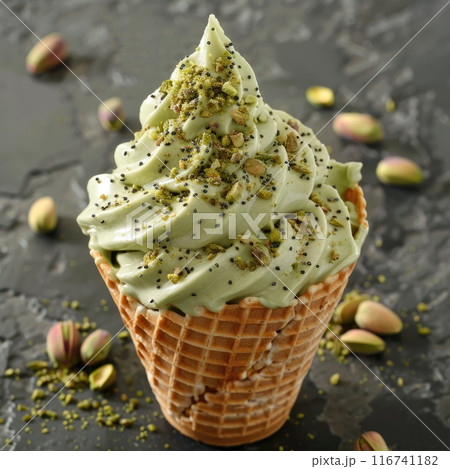 Pistachio Ice Cream Cone with Mint Garnish on Dark Background 116741182