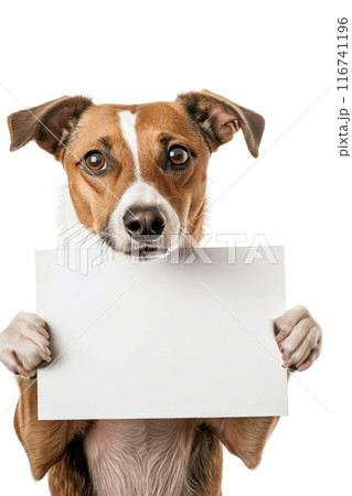 Adorable Dog Holding Blank Sign - Perfect for Messages and Announcements Adorable Dog Holding Blank Sign - Perfect for Messages and Announcements 116741196