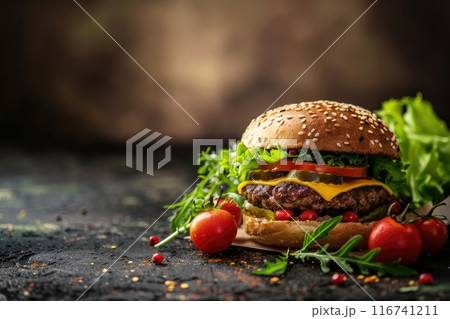 Fresh Gourmet Cheeseburger with Lettuce, Tomato, Onion, and Pickles on a Sesame Bun 116741211