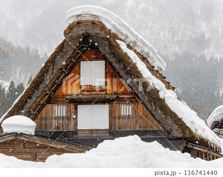 Daytime snowy landscape of the famous Gassho Zukuri Folk Village 116741440