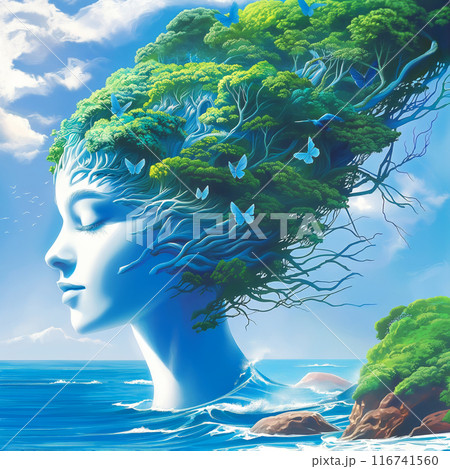 Surreal portrait of a woman with her hair transforming into a forest 116741560