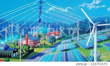 A sustainable energy neighborhood with solar panels and wind turbines integrated into the landscape 116741574